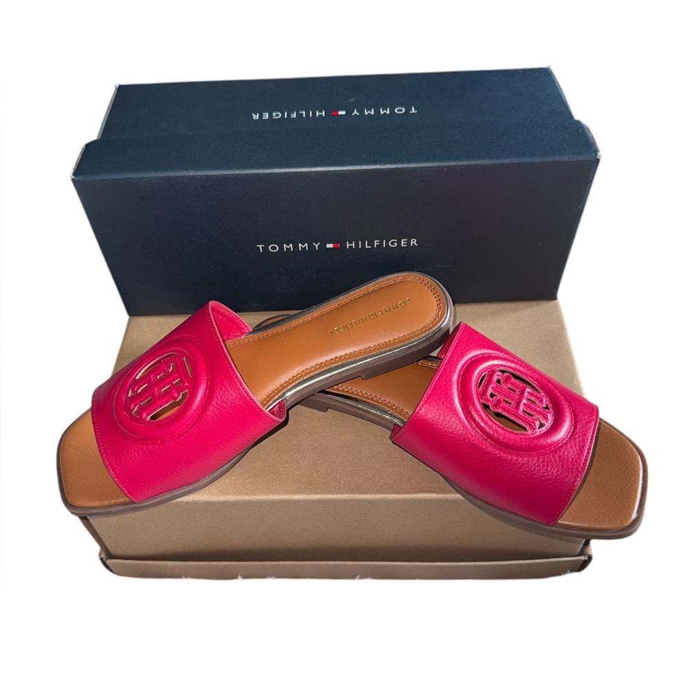 New in the box gorgeous red vegan leather slides